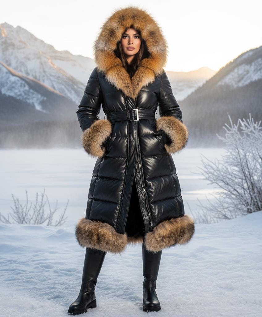 Lange Leder Steppjacke Für Damen | Luxe Fox Pelzbesatz Wintermantel Mit Kapuze von SaisLeather