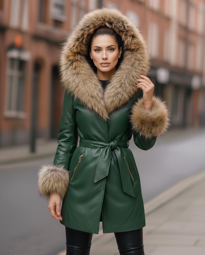 Luxus Grüner Ledermantel Für Damen Mit Pelzkapuze & Manschetten | Winter-Mode-Jacke von SaisLeather