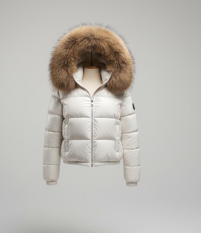 Weiße Kunstleder Steppjacke Damen Wintermantel Mit Fuchspelzkapuze von SaisLeather