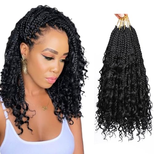 Saisifen 96 Strähnen Boho Göttin Box Zöpfe Häkeln Haare für schwarze Frauen, Pre-Looped Bohemian Micro Zöpfe mit lockigem Haar 1B Schwarz 18 Zoll(45cm) von Saisifen