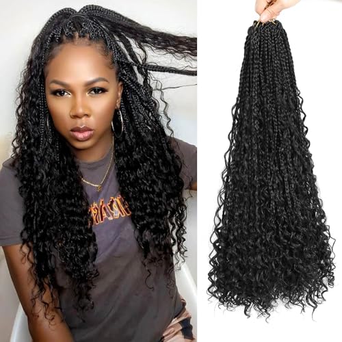 Saisifen 96 Strähnen Boho Göttin Box Zöpfe Häkeln Haare für schwarze Frauen, Pre-Looped Bohemian Micro Zöpfe mit lockigem Haar 1B Schwarz 24 Zoll(60cm) von Saisifen