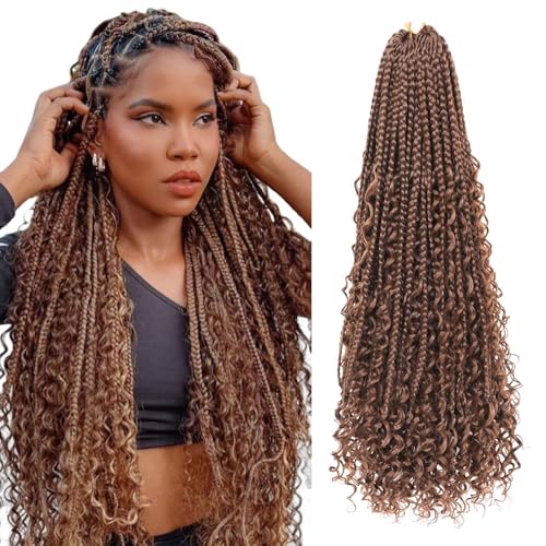 Saisifen 96 Strähnen Boho Göttin Box Zöpfe Häkeln Haare für schwarze Frauen, Pre-Looped Bohemian Micro Zöpfe mit lockigem Haar 30# Kastanien Braun 24 Zoll(60cm) von Saisifen