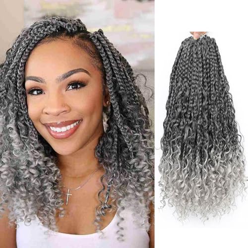 Saisifen 96 Strähnen Boho Göttin Box Zöpfe Häkeln Haare für schwarze Frauen, Pre-Looped Bohemian Micro Zöpfe mit lockigem Haar Schwarz zu Grau 30 Zoll(75cm) von Saisifen