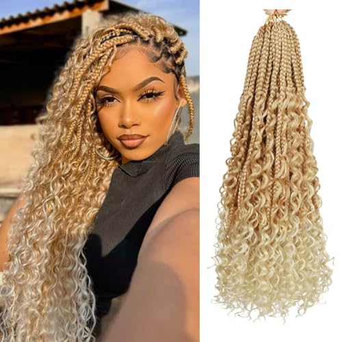 Saisifen 96 Strähnen Boho Göttin Box Zöpfe Häkeln Haare für schwarze Frauen, Pre-Looped Bohemian Micro Zöpfe mit lockigem Haar T27-613 Honig Blond zu Bleich Blond 24 Zoll(60cm) von Saisifen