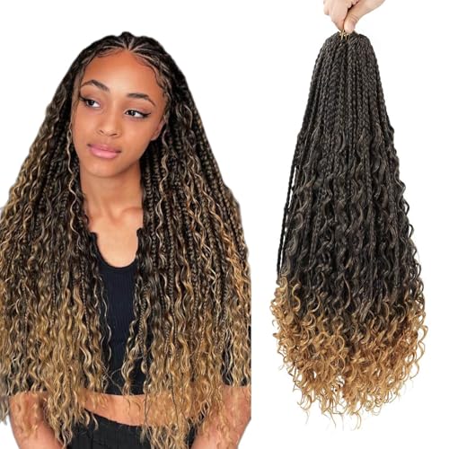Saisifen 96 Strähnen Boho Göttin Box Zöpfe Häkeln Haare für schwarze Frauen, Pre-Looped Bohemian Micro Zöpfe mit lockigem Haar T27 Schwarz zu Honig Blond 24 Zoll(60cm) von Saisifen