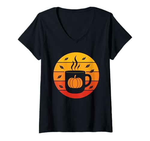 Damen Herbst Retro Sonnenuntergang Pumpkin Spice T-Shirt mit V-Ausschnitt von Saison Herbst Vintage Pumpkin Spice
