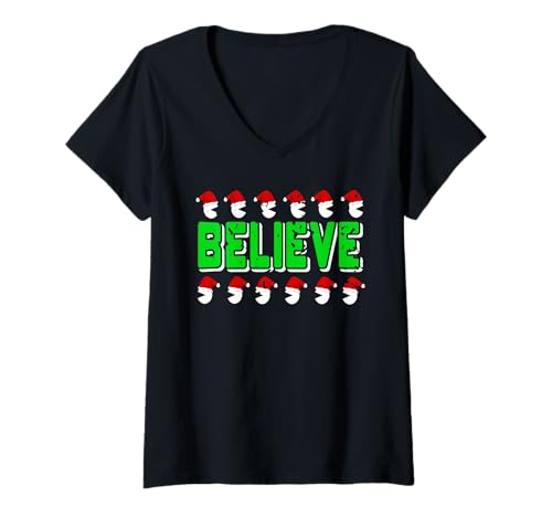 Damen Lustiger Glaube an den Weihnachtszauber Stil T-Shirt mit V-Ausschnitt Damen Lustiger Glaube an den Weihnachtszauber Stil T-Shirt mit V-Ausschnitt von Saisonale Stimmung für Santa-Fans