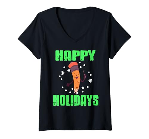 Damen Lustiger Frohes Fest Bleistift Winter Cartoon T-Shirt mit V-Ausschnitt von Saisonaler Schulspaß für Lehrer & Schüler