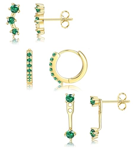 3 Stücke Ohrringe Silber 925 Damenohrringe Piercing Set Ohrringe Creolen Hypoallergen Diamantohrringe für Mehrere Ohrlöcher (Goldgrün) von Saituo Home