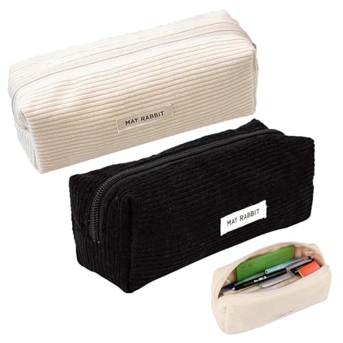 Saituo Home 2 Stück Federmäppchen Cord-Stoff (Schwarz+Weiß), Waschbar Stiftemäppchen, Tragbares Federmäppchen mit Reißverschluss, Pencil Case, Aesthetic Federmäppchens,für Teenager Männer und Frauen von Saituo Home