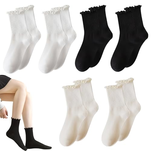 Saituo Home 6 Stücke Rüschen Socken,35-39 Socken mit Rüschen Dirndl Trachten Söckchen Damen Weiße Damen Baumwolle Süße(schwarz,weiß,milchweiß) von Saituo Home