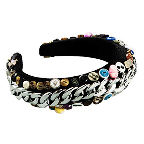 Baorque Haarband aus Samt, Schaumstoff, gepolstert, Vintage-Stil, bunte Knöpfe, Schmuck, Haarreifen, Metallkette, dekoratives Bandana-Stirnband zum Waschen des Gesichts, Schwarz von Saiyana