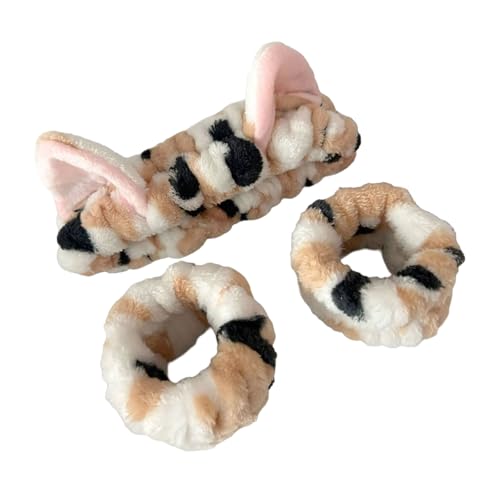 Saiyana Beliebte pelzige Plüschhaarband- und Handgelenkswaschband für weibliche Alltags verwenden Gesichtswaschmake -up -Masken(Katze mit Leopardenmuster) von Saiyana