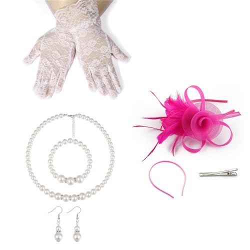 Saiyana Elegantes Fascinator-Stirnband-Ohrring-Haarnadel-Set mit Feder- und Blumenmotiven für Weihnachtsfeier und Hochzeitsball(rosarot) von Saiyana