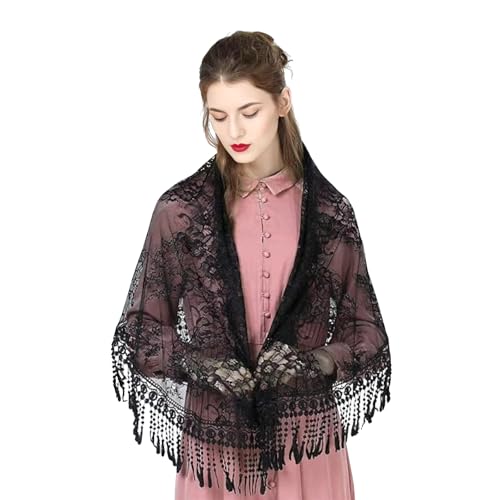 Saiyana Frau Mantilla Schal Hochzeit Kirche Spitzenbesatz Schal Weicher Blumenschal Schleier Hochzeit Kopfbedeckung Mantilla(Schwarz) von Saiyana
