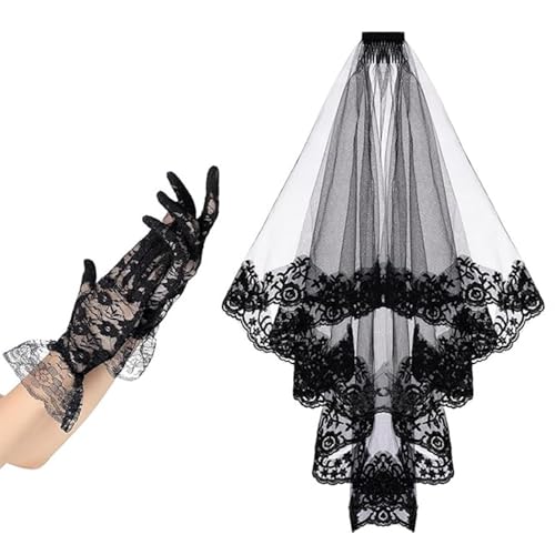 Saiyana Halloween-Set aus schwarzem Spitzenschleier und Handschuhen, elegantes Tüll-Kostümzubehör, Kopfbedeckungen für Damen, Ma(Stil Drei) von Saiyana
