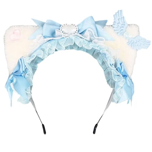 Saiyana Kätzchen Stirnbänder Cosplay Bows Flügel Katzen Ohrhaarbänder Kopfbedeckung Make -up Waschen von Gesicht Haarbändern Geb(Blau und Weiß) von Saiyana