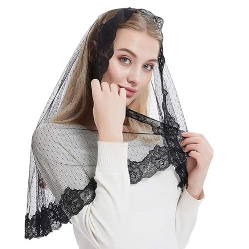 Saiyana Katholische Mantilla-Schleier, bestickte Massenschleier, religiöse Gebetsschleier, elegant für katholische Kirchengebete(Schwarz) von Saiyana