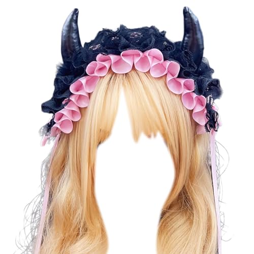 Saiyana Kreatives gruseliges Teufelshorn-Haarband für Damen, plissiert, Spitze, Make-up-Hautpflege-Stirnband für Halloween, Foto(Rosa) von Saiyana