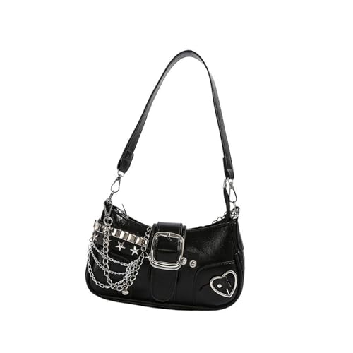 Stilvolle Frauen Einzelne Umhängetasche Mit Kettengrunge Stern Nieten Unterarm PU Leder Achselbaus Reißverschluss Handtasche PU Leder Schulter von Saiyana