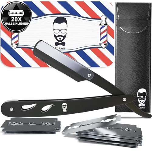 Rasiermesser Barber set 20 Halbe Klingen Etui Leder Reise SAKKAL |Rasierer Friseur Herren Handbart Barber Professional Kit Classic Handpflege Precision Friseurmechanik bartschablonen (Schwarz) von Sakkal