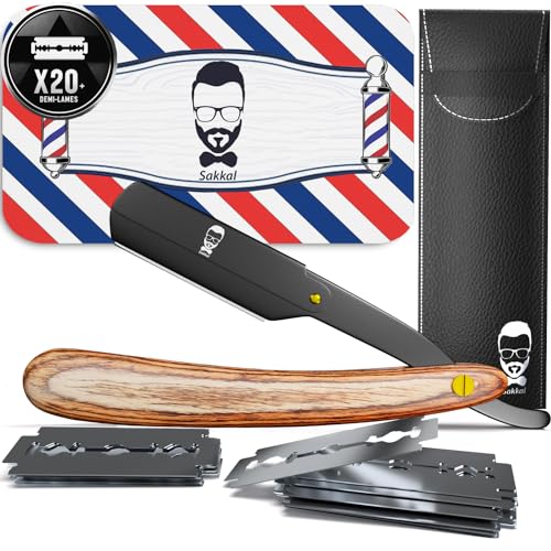 Rasiermesser Barber set 20 Halbe Klingen Etui Leder Reise SAKKAL |Rasierer Friseur Herren Handbart Barber Professional Kit Classic Handpflege Precision Friseurmechanik bartschablonen Bois edelstahl von Sakkal