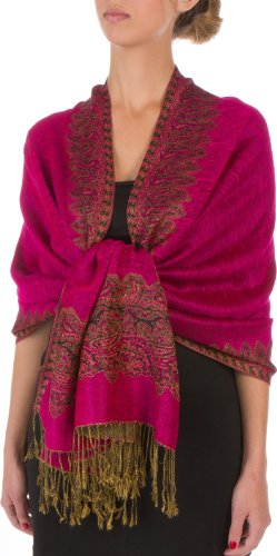 70" x 28" Boderder Pattern doppelschichtiger Pashmina Feel Schal/Stola - Fuscia von Sakkas