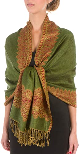 70" x 28" Boderder Pattern doppelschichtiger Pashmina Feel Schal/Stola - Olive Green von Sakkas