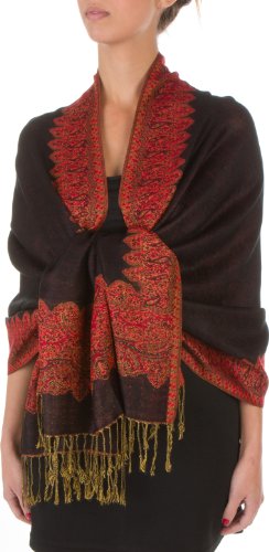 70" x 28" Boderder Pattern doppelschichtiger Pashmina Feel Schal/Stola - Schwarz/Rot von Sakkas