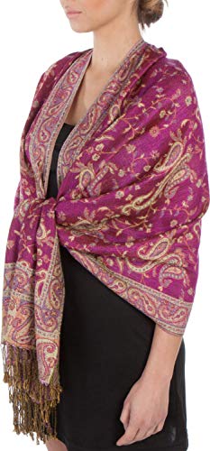 Sakkas Zweischichtiger Jacquard Paisley Viskose Pashmina Schal/Stola - - Fuscia/Champagner von Sakkas