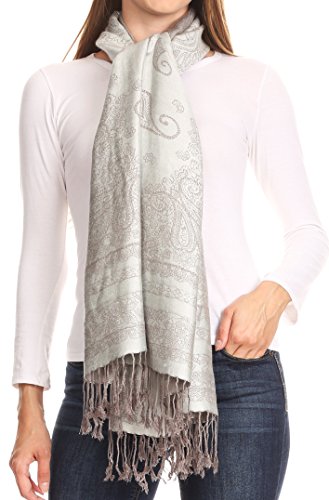 FUPashPais95AG Lightweight Zwei Tone Paisley Design Pashmina Fringe Schal/Stola/Wrap - Weiß/Grau von Sakkas