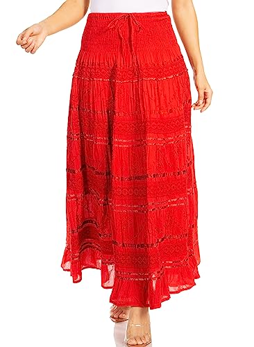 Sakkas 0604 Bauern-Boho-Rock aus Spitze und Bändern - A-Rot - OS von Sakkas