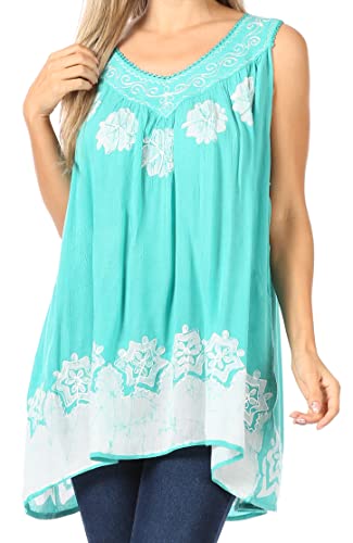 Sakkas 097 Batik gestickte V-Ausschnitt Ärmellose Bluse - Mint/Weiß/One Size von Sakkas