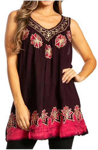 Sakkas 097 Batik gestickte V-Ausschnitt ärmellose Bluse - lila/rosa/eine Größe von Sakkas