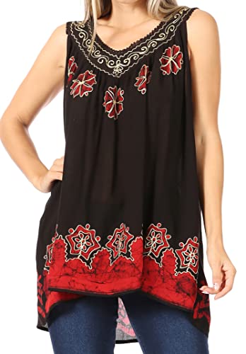 Sakkas 097 Batik gestickte V-Ausschnitt ärmellose Bluse - schwarz/rot/eine Größe von Sakkas