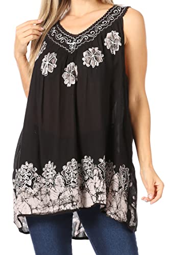 Sakkas 097 Batik gestickte V-Ausschnitt ärmellose Bluse - schwarz/weiß/One Size von Sakkas