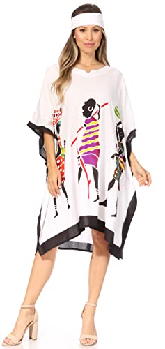 Sakkas 1007 - Trina Damen Casual Loose Beach Poncho Kaftan Dress Cover-up Viele Print - KAF1024-White - OS von Sakkas