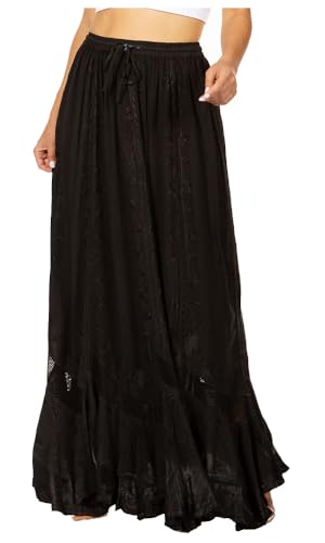 Sakkas 13225 - Ivy Second Maxi-Boho-Rock mit elastischer Taille und bestickter A-Linie für Damen – Schwarz – OS von Sakkas