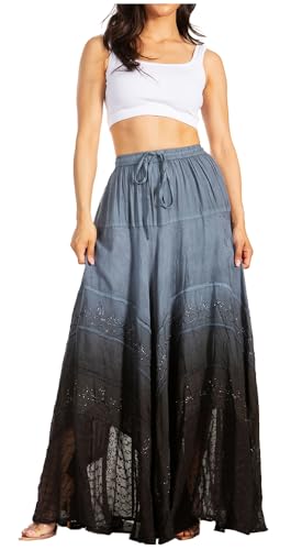 Sakkas 13228 - Lyra Damen böhmischer weicher Brokat-Rayon-gestufter, bestickter, fließender Langer Rock – Grau – S/M von Sakkas