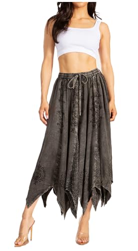 Sakkas 13230 - Emery Damen Vintage Retro Maxi Rayon bestickter fließender Rock mit Zickzack-Saum - Grau - L/XL von Sakkas