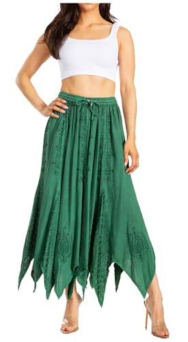 Sakkas 13230 - Emery Damen Vintage Retro Maxi Rayon bestickter fließender Rock mit Zickzack-Saum - Grün - S/M von Sakkas