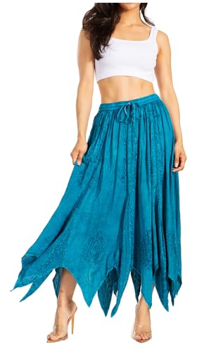 Sakkas 13230 - Emery Damen Vintage Retro Maxi Rayon bestickter fließender Rock mit Zickzack-Saum - Türkis - S/M von Sakkas