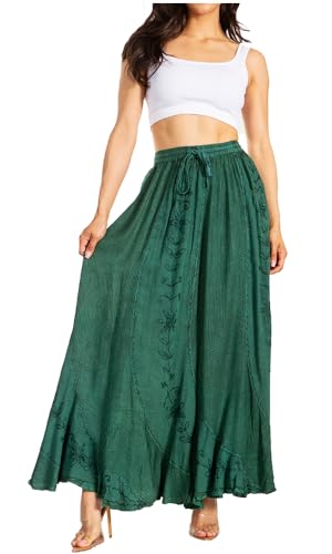 Sakkas 13231 - Ahaana Damen Renaissance Boho Rayon Maxi bestickter Sommerrock mit Einsätzen – Grün – L/XL von Sakkas