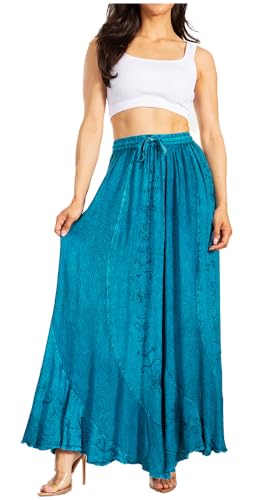 Sakkas 13231 - Ahaana Damen Renaissance Boho Rayon Maxi bestickter Sommerrock mit Einsätzen – Türkis – L/XL von Sakkas