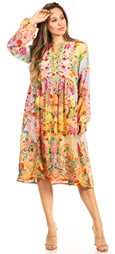 Sakkas 1374 - Jules Damen Boho Langarm Split Neck Blumen Midikleid Loose Cocktail - 577-Pink - L/XL von Sakkas