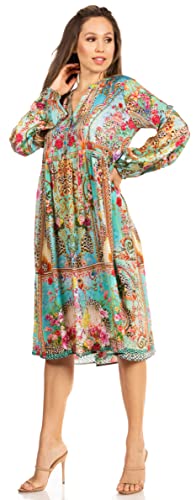 Sakkas 1374 - Jules Damen Boho Langarm Split Neck Blumen Midikleid Loose Cocktail - 578-Turq - S/M von Sakkas