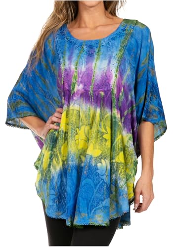 Sakkas 14031 - Ellesa Ombre Tie Dye Circle Poncho Bluse Shirt Top Mit Sequin Stickerei - Blau - OS von Sakkas