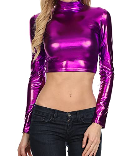 Sakkas 141786 Metallic Flüssigkeit Mock Neck Pullover mit Stehkragen Langarm Crop Top - Made in USA - Purple - M von Sakkas