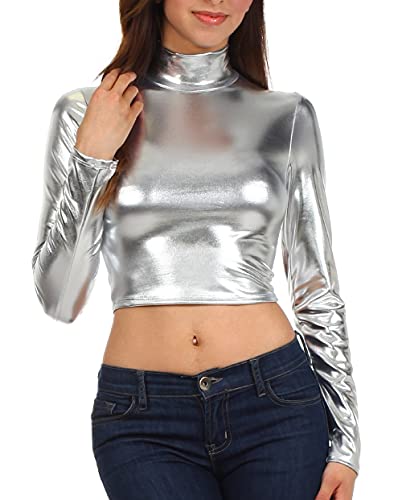 Sakkas 141786 Metallic Liquid Mock Neck Rollkragenpullover mit Langen Ärmeln Silber - 1X von Sakkas