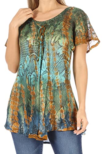 Sakkas 14783 - Dina Relaxed Fit Sequin Tie Dye Stickerei Cap Ärmel Bluse/Top - Grün - OS von Sakkas